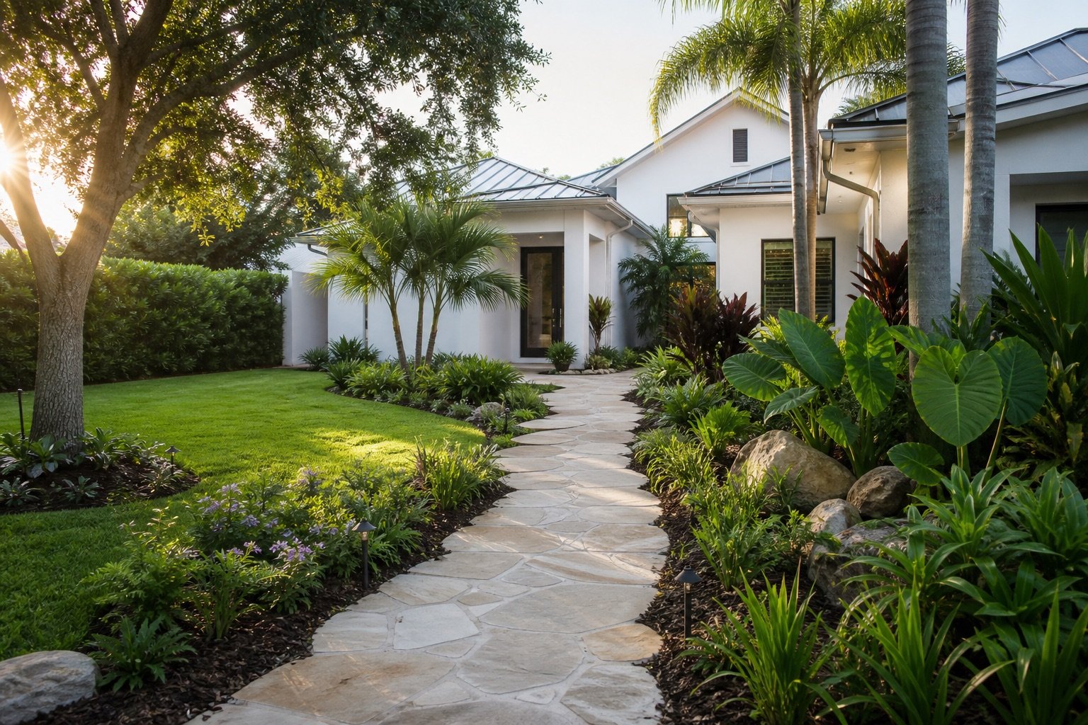 Layered subtropical planting and a natural-stone path leading to a modern Central Florida home