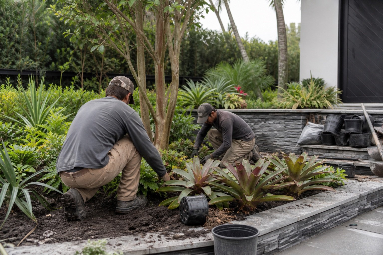 Landscape crew carefully installing tropical plants in a stone-edged garden bed