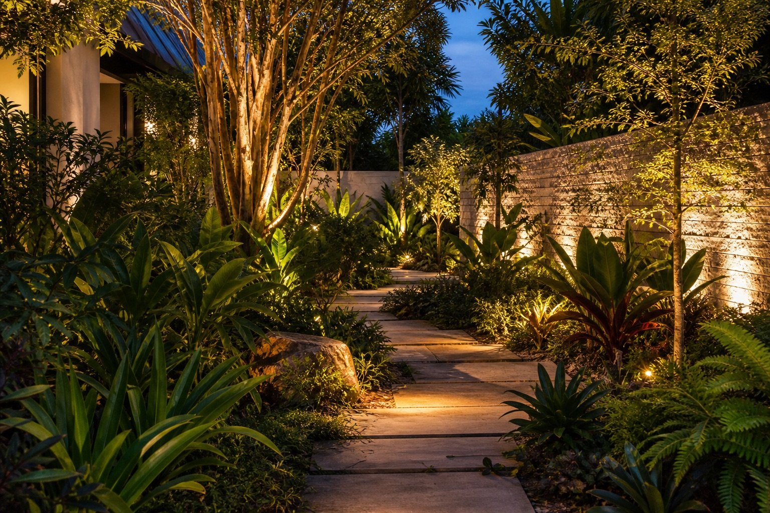 Subtropical garden and stone path illuminated by warm landscape lighting at dusk