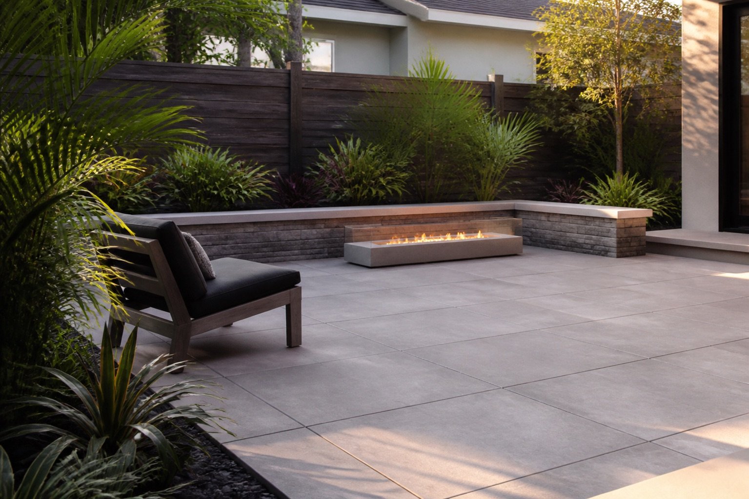 Large-format paver patio with a linear fire feature and layered planting